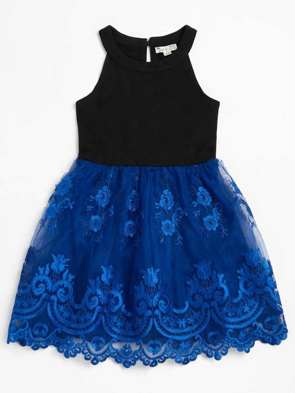Knitworks Black & Royal Blue Floral Embroidered Tulle Dress